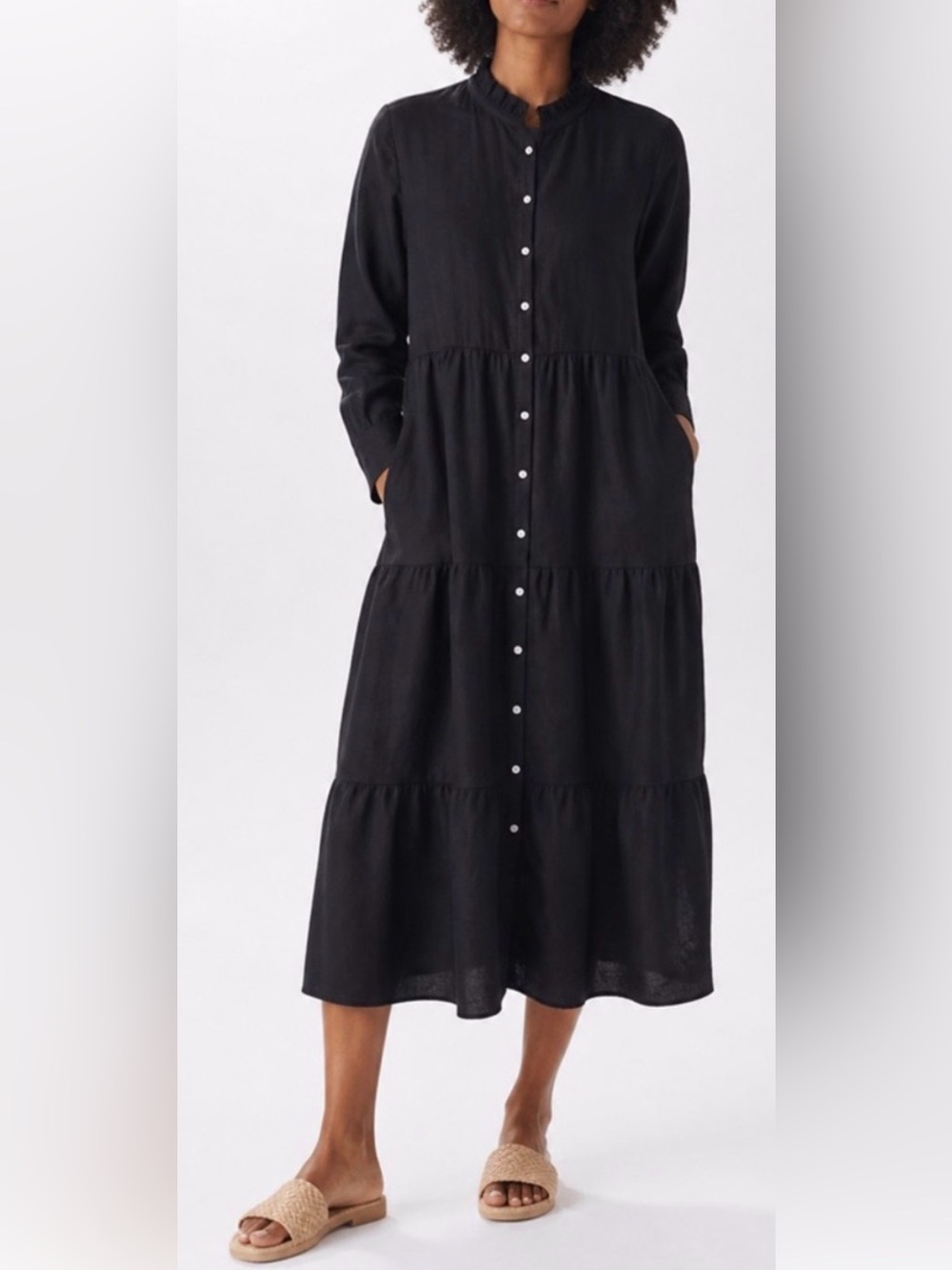 Alice Walk 100% Linen Black Midi Shirt Dress Size Medium NWT